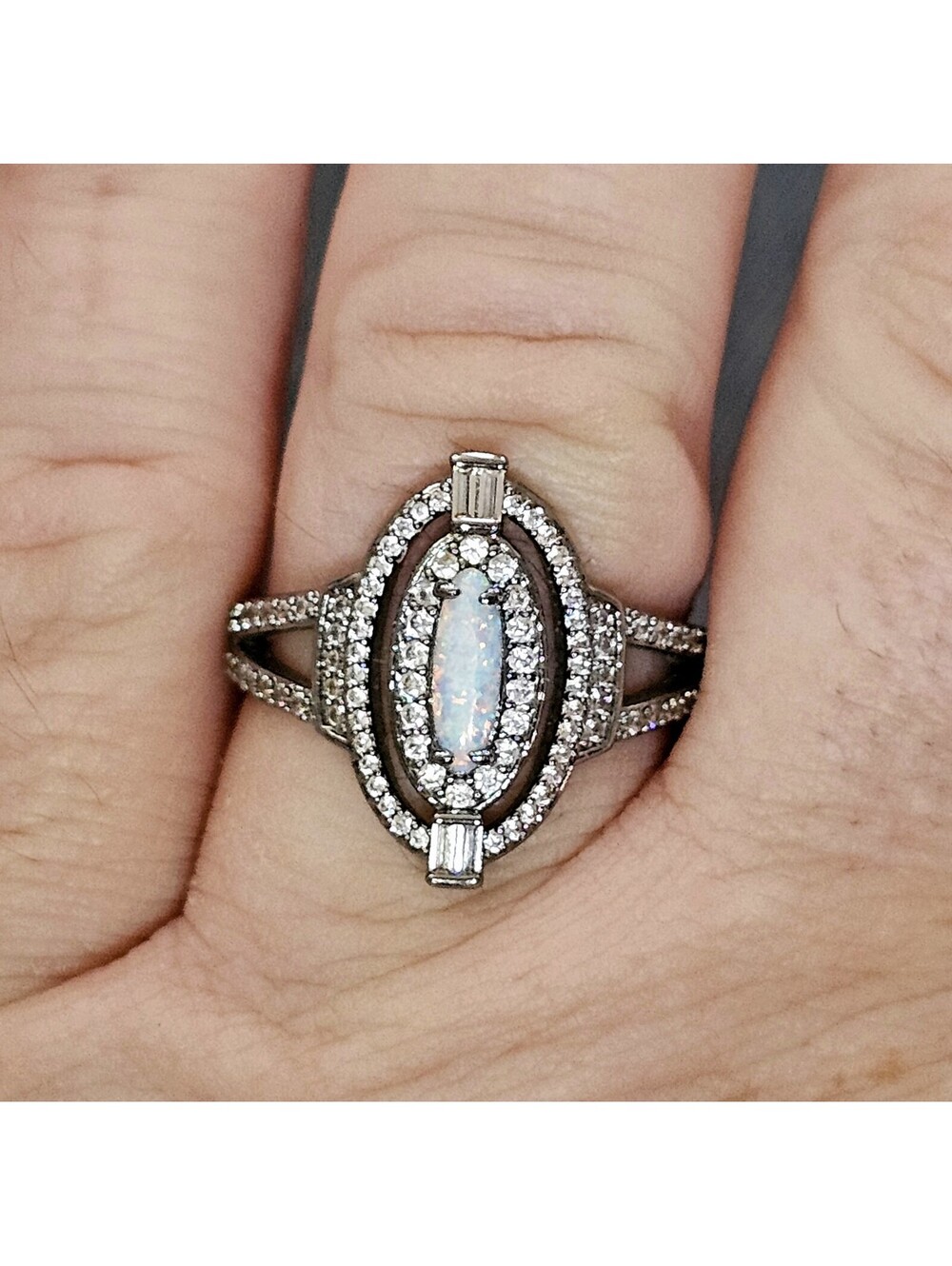 Lab White Fire Opal Ring Sz 9 Hematite Pave CZ Bomb Party "A Map Of Her Light"